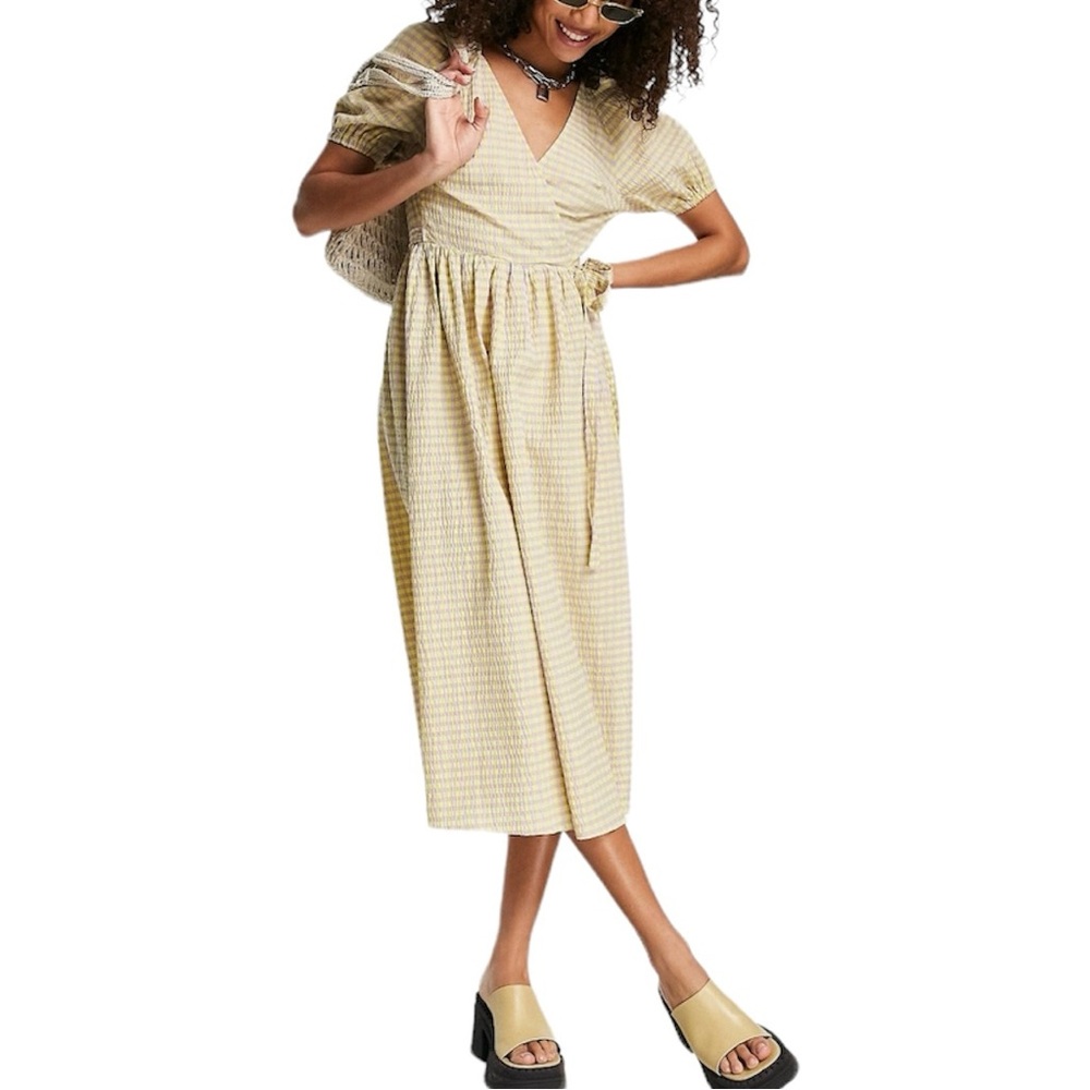 New Topshop Seersucker Check Short Sleeve Midi Wrap Dress Lime Lilac Size 2